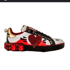 Authentic DOLCE & GABBANA Shoes White Red Crystals Portofino Sneakers EU38.5